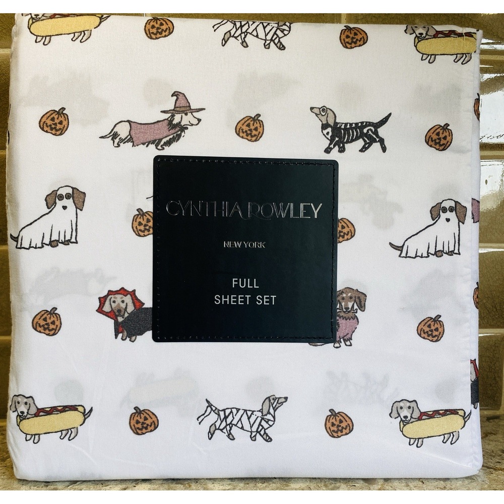 Cynthia Rowley FULL Sheet Set Halloween Dachshund Weiner Dog Costume Pumpkin